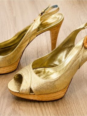 Sergio Rossi Metallic Gold Peep-Toe Platform Slingbacks